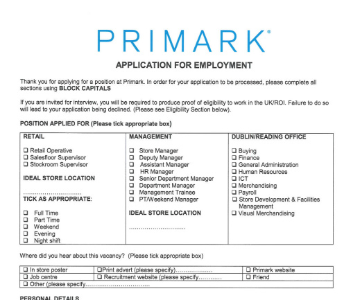 Primark Job Application PDF